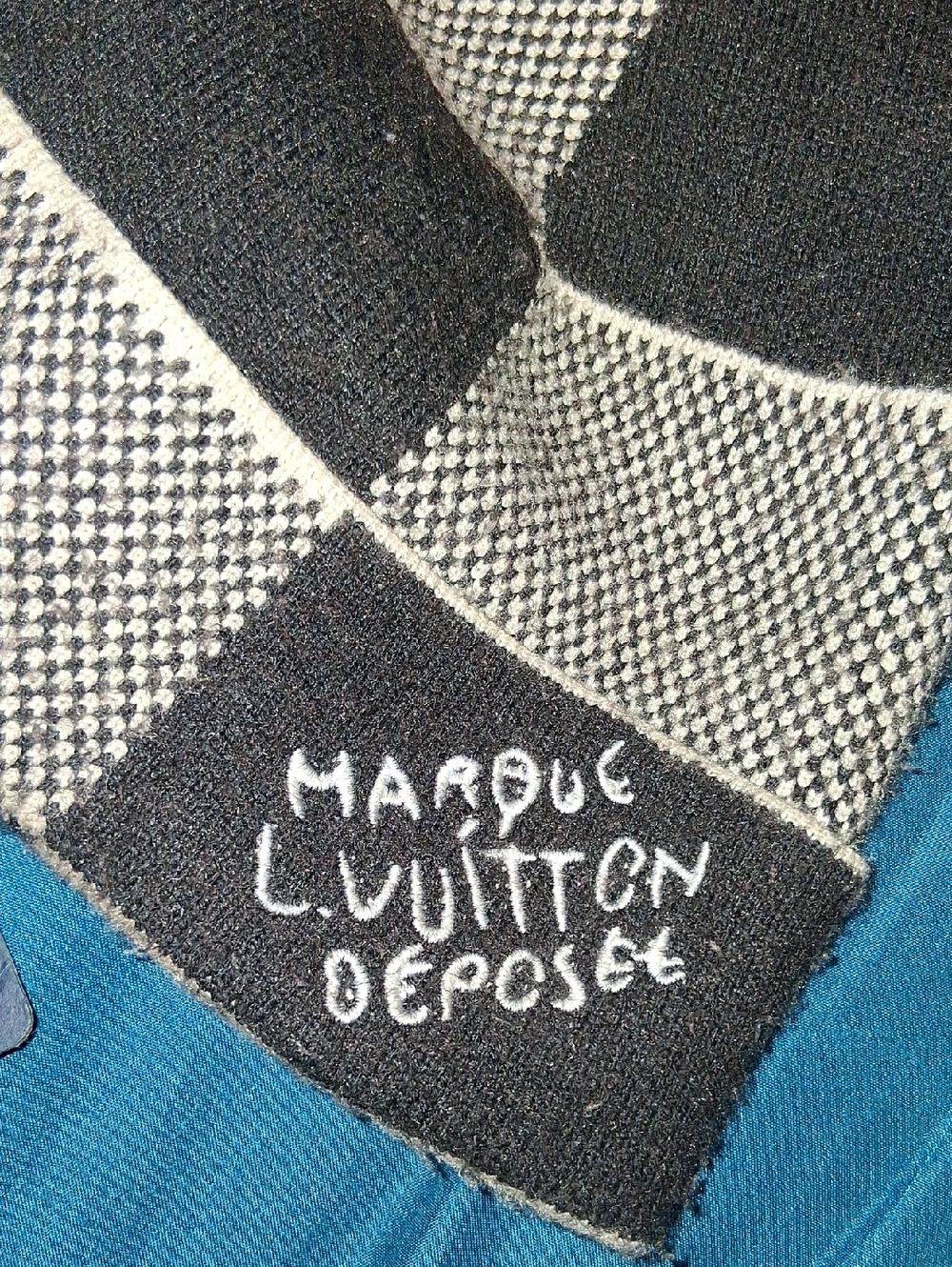 Louis Vuitton Black & Cream Checker Knit Scarf with Embroidered Logotype